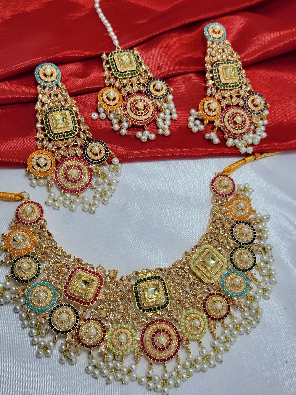 Gold-Tone Multicolor Kundan Necklace Set with Pearl Drops